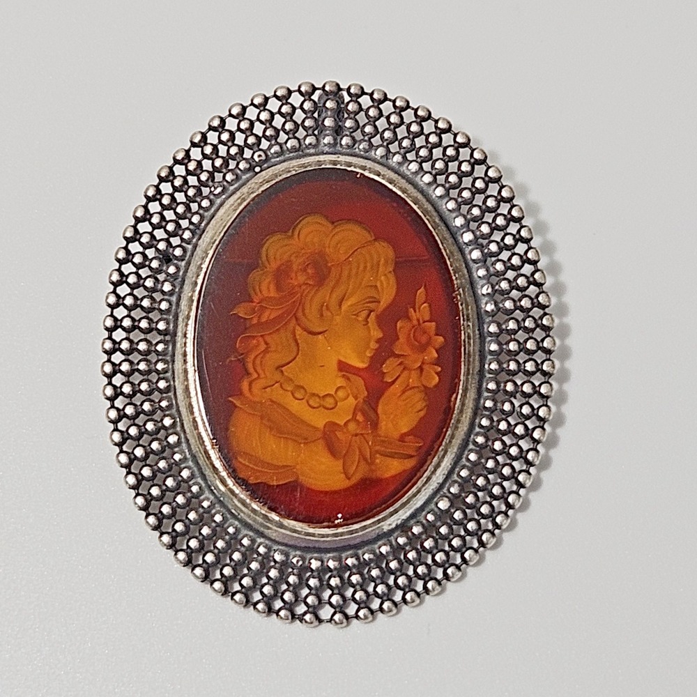 Sterling Silver Carved Amber Cameo Brooch Reverse Vintage 925